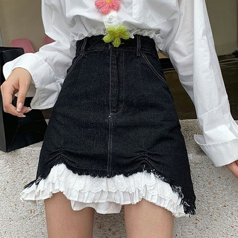 裾フリルデニムミニスカート